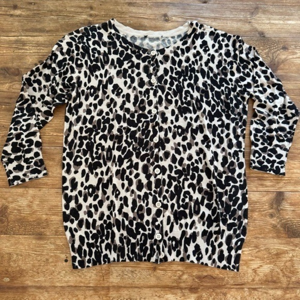 Animal Leopard Print 3/4 Sleeve Button-Up Black Brown Cardigan Women's S-M NWOT - Picture 3 of 8